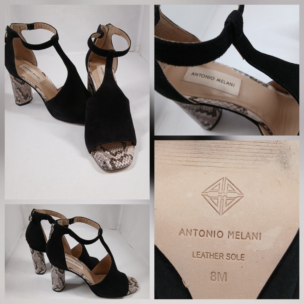 Antonio Melani Women's Heels 8M Black Suede Snakeskin Block Heel Sandals